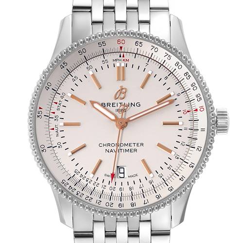 The image shows a close-up, front-facing view of the dial and bezel of the Breitling Navitimer A17326 Men's Stainless Steel Silver Dial A17326 Men's Stainless Steel Silver Dial watch.