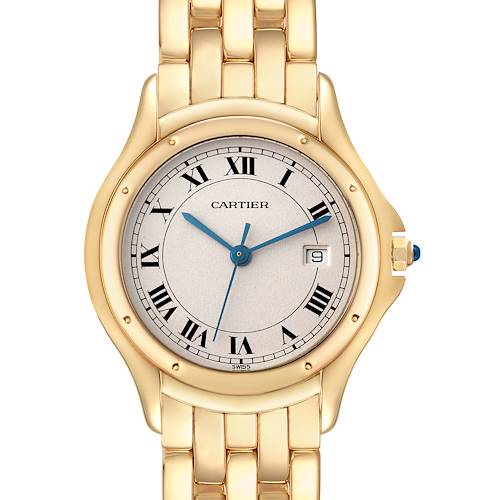 The image shows a front view of the Cartier Panthere W25013B9 Women's Yellow Gold Silver Dial W25013B9 Women's Yellow Gold Silver Dial watch with a gold bracelet, Roman numeral indices, and a date window.