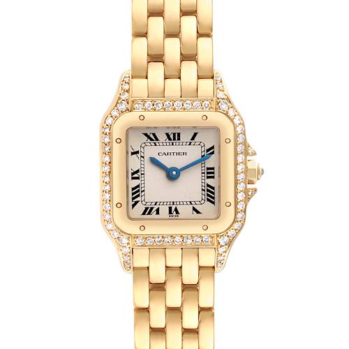 The image shows a front view of a gold Cartier Panthère watch with a square face, Roman numerals, and a diamond-accented bezel.