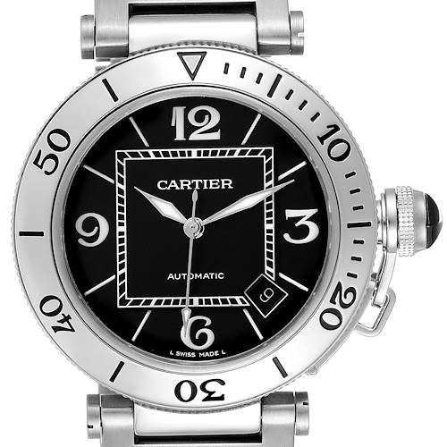 The image shows an overhead view of the Cartier Pasha W31077M7 Men's Stainless Steel Black Dial W31077M7 Men's Stainless Steel Black Dial model watch, highlighting its dial, bezel, and crown.