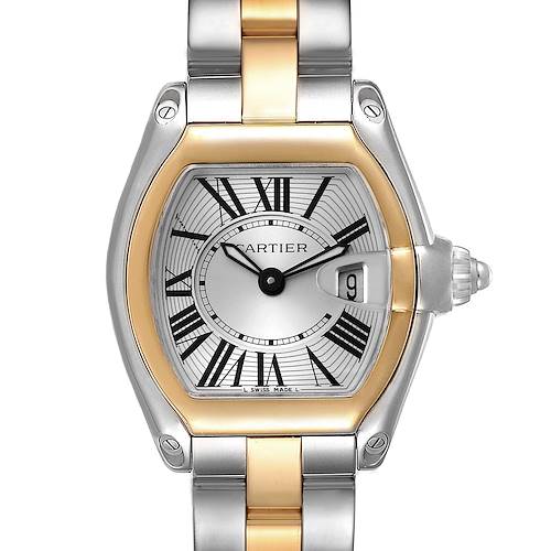 This image shows a close-up of the Cartier Roadster W62026Y4 Women's Steel and Gold (two tone) Silver Dial W62026Y4 Women's Steel and Gold (two tone) Silver Dial watch from a front angle, highlighting its face and part of the bracelet.