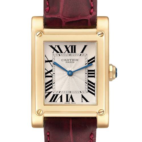 The Cartier Tank A Vis W1529451 Men's Yellow Gold Silver Dial W1529451 Men's Yellow Gold Silver Dial watch is shown from the front, highlighting its rectangular face, Roman numerals, and gold case.