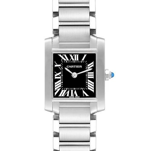 The image shows a front view of the Cartier Tank Française watch, displaying the face, bezel, and bracelet.