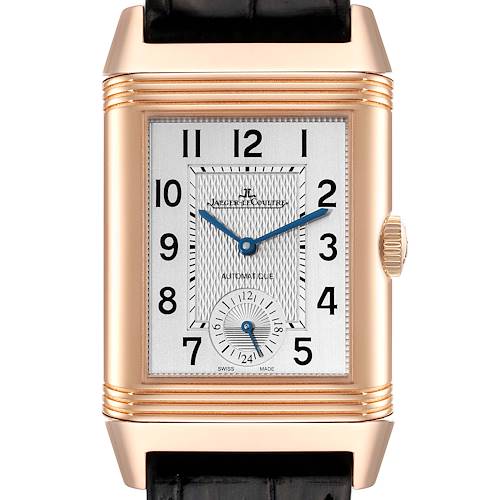 The image shows a front view of a Jaeger LeCoultre Reverso Q3832420 Men's Rose Gold Silver Dial Q3832420 Men's Rose Gold Silver Dial watch, highlighting the dial, case, crown, and part of the strap.
