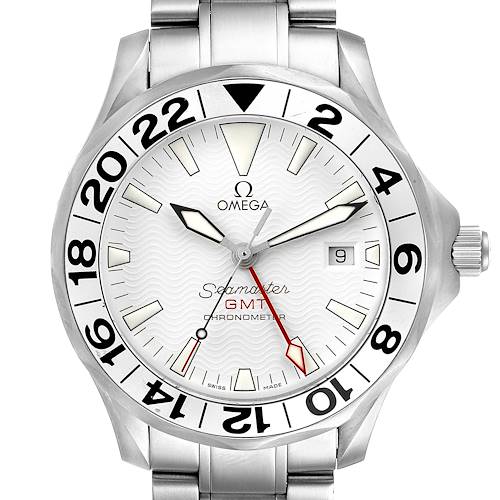 The Omega Seamaster 2538.20.00 Men's Stainless Steel White Dial 2538.20.00 Men's Stainless Steel White Dial GMT watch is shown from a front angle, displaying the dial, hands, bezel, and part of the bracelet.