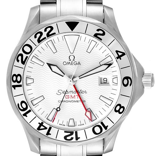 The image shows a front view of the Omega Seamaster 2538.20.00 Men's Stainless Steel White Dial 2538.20.00 Men's Stainless Steel White Dial GMT Chronometer watch, highlighting its face, bezel, crown, and part of the bracelet.