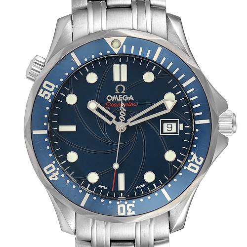 The image shows a front view of an Omega Seamaster 2226.80.00 Men's Stainless Steel Blue Dial 2226.80.00 Men's Stainless Steel Blue Dial watch displaying its face, bezel, and part of the metal bracelet.