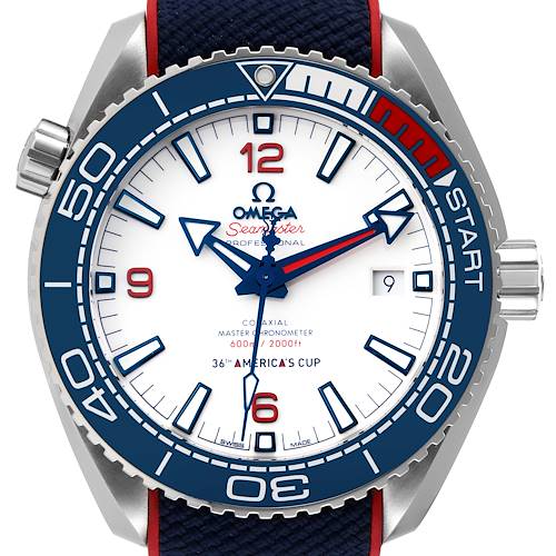 The Omega Seamaster Planet Ocean watch is shown from the front, highlighting the dial, bezel, and crown.