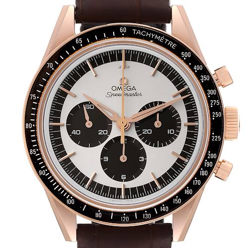 This image shows a front view of the Omega Speedmaster 311.63.40.30.02.001 Men's Rose Gold Silver Dial 311.63.40.30.02.001 Men's Rose Gold Silver Dial watch, highlighting its dial, subdials, bezel, and crown.
