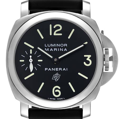 This image shows a front view of a Panerai Luminor PAM01005 Men's Stainless Steel Black Dial PAM01005 Men's Stainless Steel Black Dial Marina watch, highlighting its dial, hands, and crown guard.