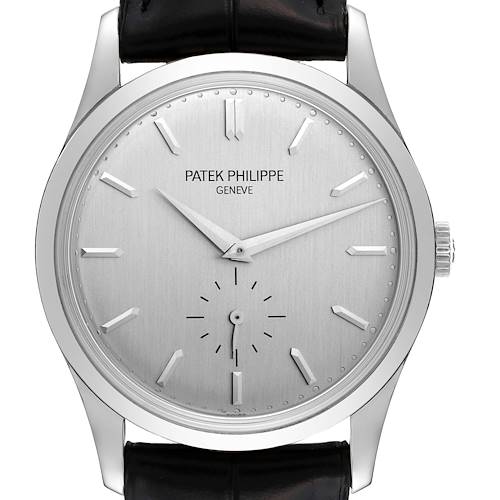 The image shows a front view of the Patek Philippe Calatrava 5196G Men's White Gold Silver Dial 5196G Men's White Gold Silver Dial watch, highlighting the dial, hands, and crown.