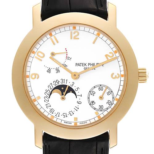 The image shows the front view of a Patek Philippe Complications 5055J-001 Men's Yellow Gold White Dial 5055J-001 Men's Yellow Gold White Dial model watch, including the face, hands, dial, and subdials.