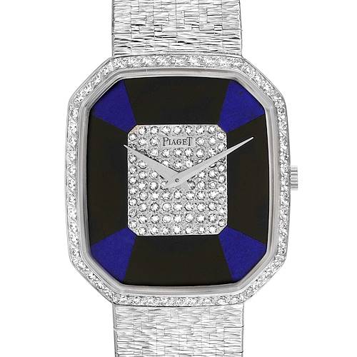 This image shows a front view of the Piaget 9795 Women's White Gold Blue Dial 9795 Women's White Gold Blue Dial White Gold Onyx Lapis Lazuli Dial Diamond Vintage Cocktail Watch (model 9795).
