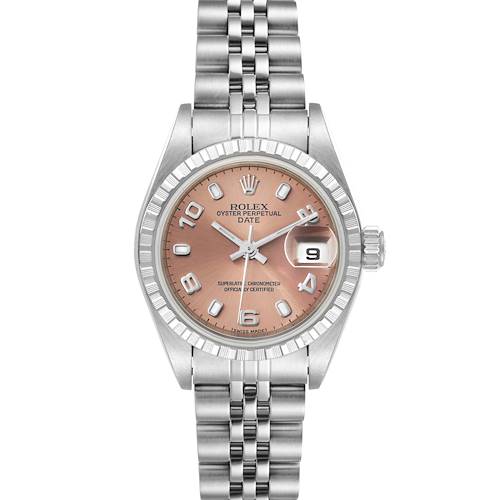 This image shows a front view of a Rolex Oyster Perpetual Date model watch, displaying its pink dial, fluted bezel, and jubilee bracelet.