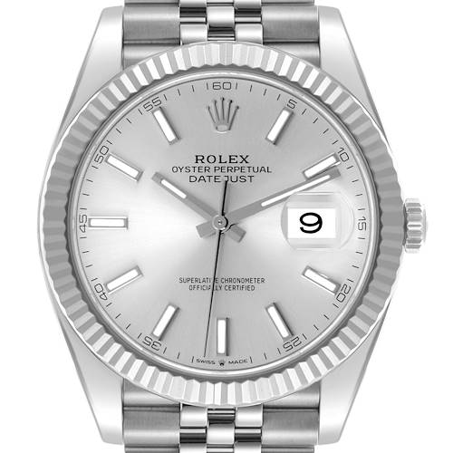 The Rolex Datejust 41 126334 Men's Stainless Steel Silver Dial 126334 Men's Stainless Steel Silver Dial is shown from a frontal angle, highlighting the dial, fluted bezel, date window, and part of the bracelet.