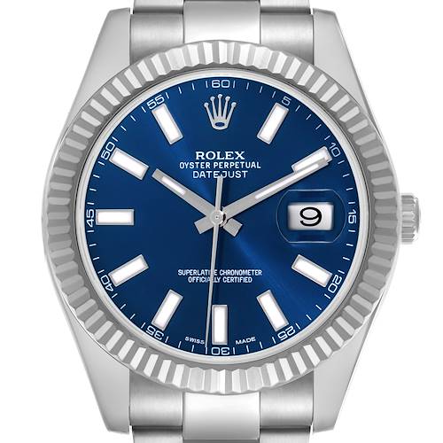 The Rolex Datejust 41 116334 Men's Stainless Steel Blue Dial 116334 Men's Stainless Steel Blue Dial is shown from the front, highlighting the blue dial, fluted bezel, and the date window.