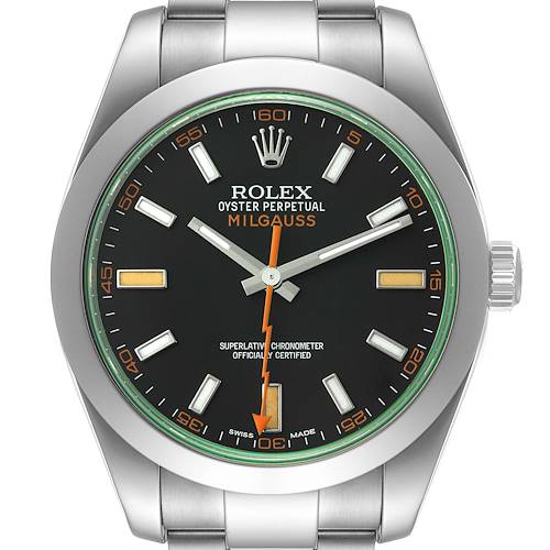 The image shows a front view of a Rolex Milgauss 116400V Men's Stainless Steel Black Dial 116400V Men's Stainless Steel Black Dial watch, displaying the dial, hands, markers, and part of the bracelet.