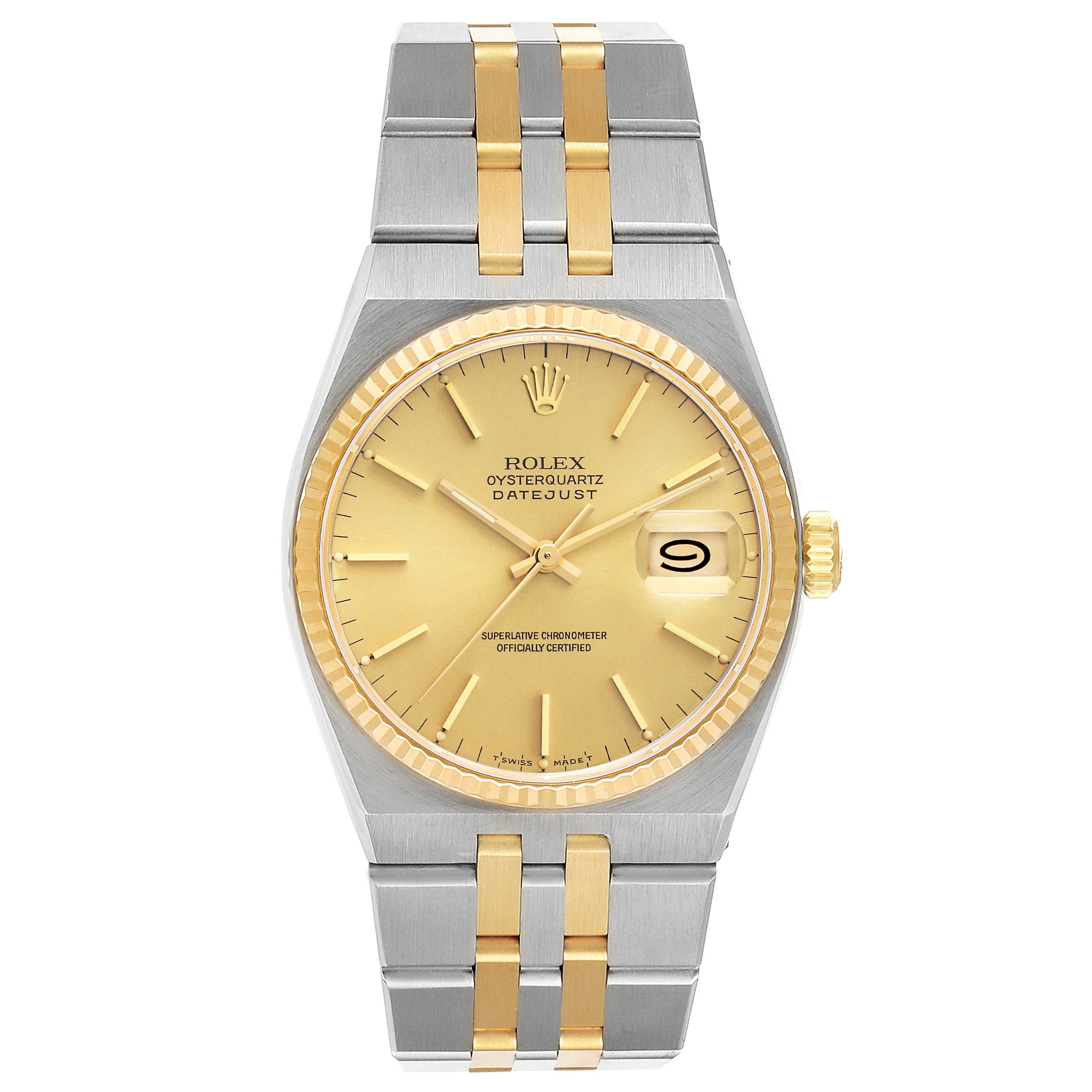 The image shows a Rolex Oysterquartz 17013 Men's Steel and Gold (two tone) Champagne Dial 17013 Men's Steel and Gold (two tone) Champagne Dial Datejust watch from a front view, highlighting the face, bezel, and bracelet.