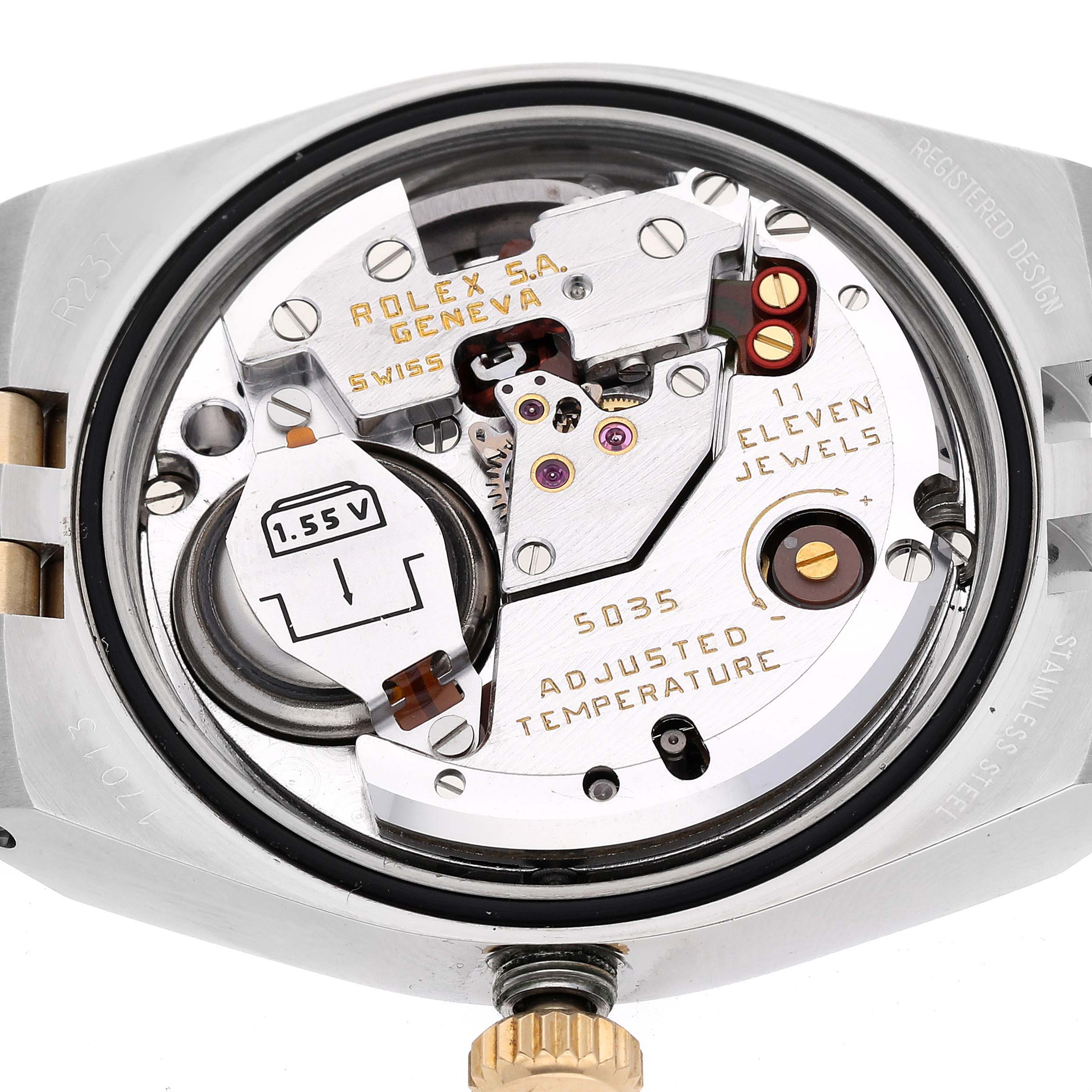 This image shows the movement and internal components of a Rolex Oysterquartz 17013 Men's Steel and Gold (two tone) Champagne Dial 17013 Men's Steel and Gold (two tone) Champagne Dial model watch.