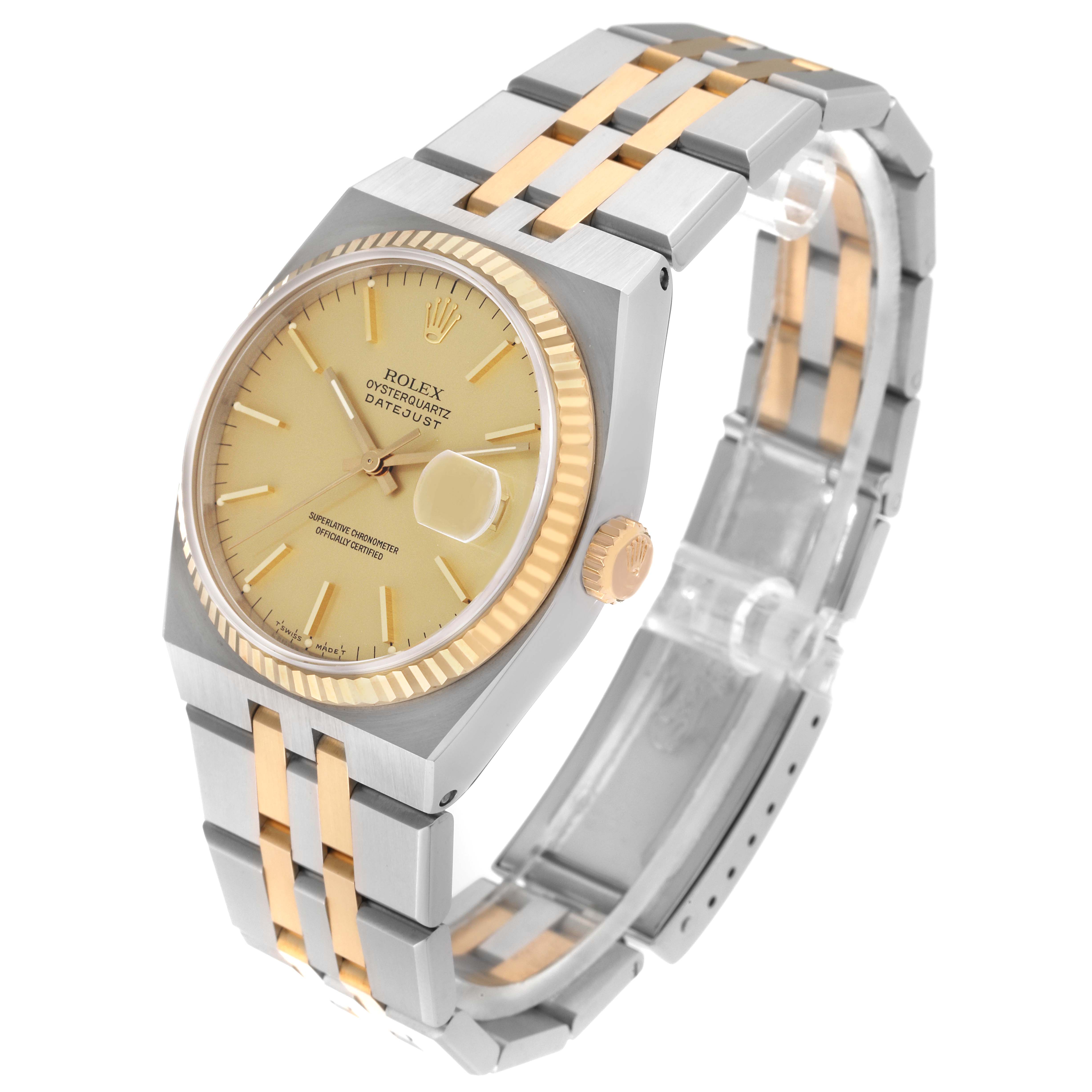 The image shows a Rolex Oysterquartz 17013 Men's Steel and Gold (two tone) Champagne Dial 17013 Men's Steel and Gold (two tone) Champagne Dial Datejust watch at an angled view, displaying the face, bezel, and two-tone bracelet.