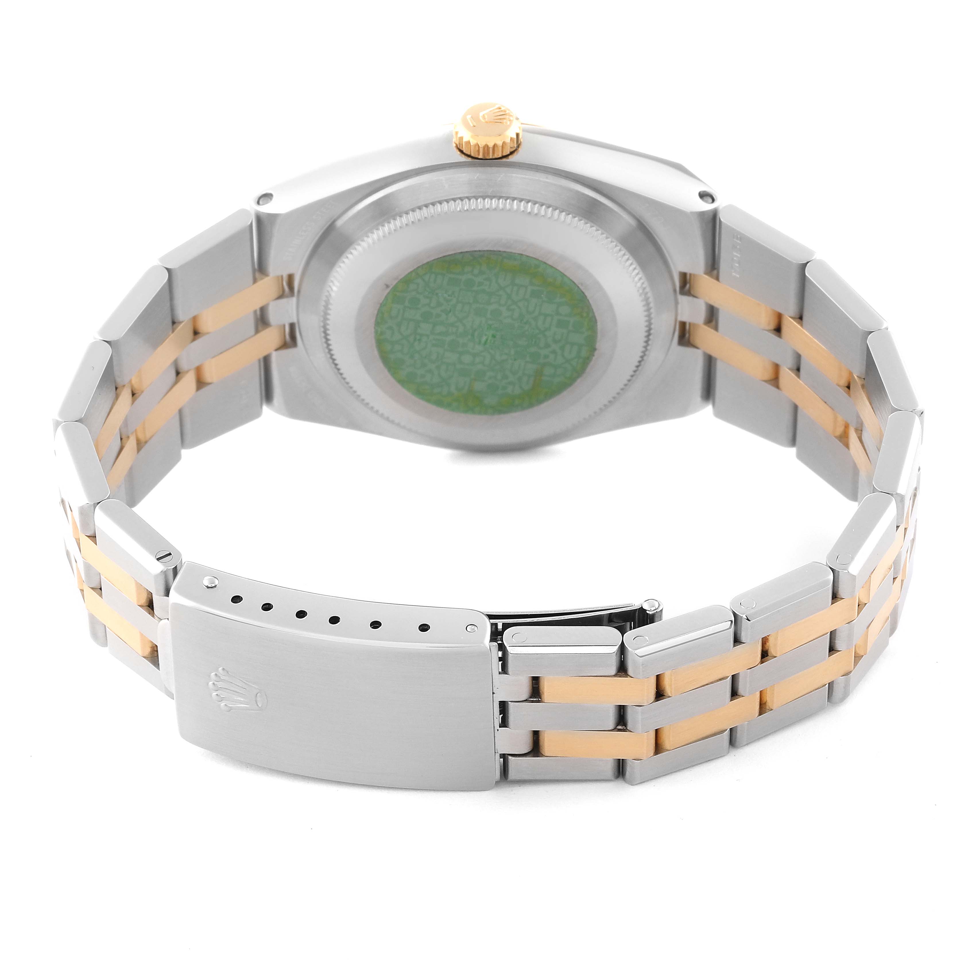 This image shows the back case, crown, and bracelet of a Rolex Oysterquartz 17013 Men's Steel and Gold (two tone) Champagne Dial 17013 Men's Steel and Gold (two tone) Champagne Dial watch; the clasp is also visible.