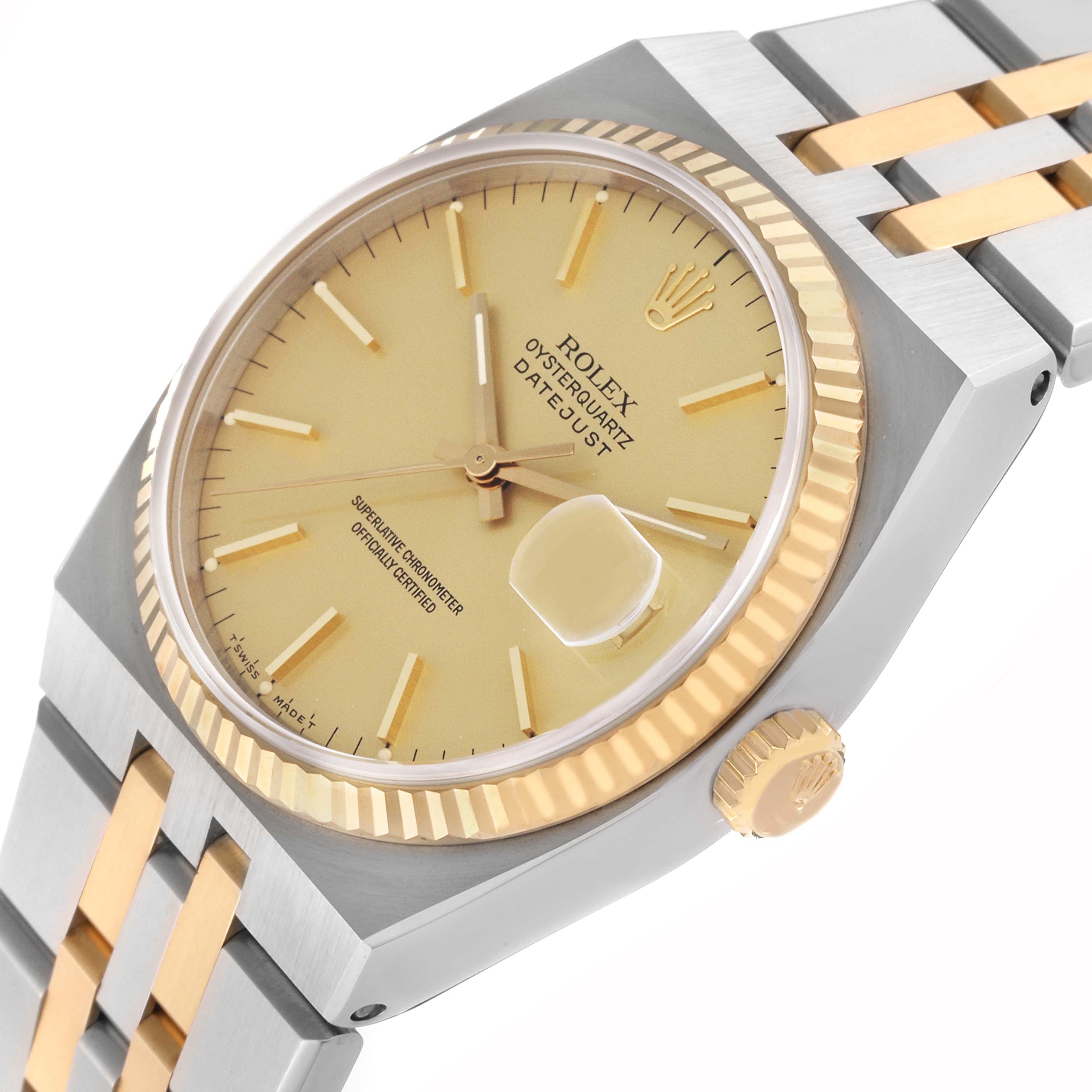 The image shows a close-up angled view of the Rolex Oysterquartz 17013 Men's Steel and Gold (two tone) Champagne Dial 17013 Men's Steel and Gold (two tone) Champagne Dial Datejust, highlighting the dial, cyclops lens, and bezel.