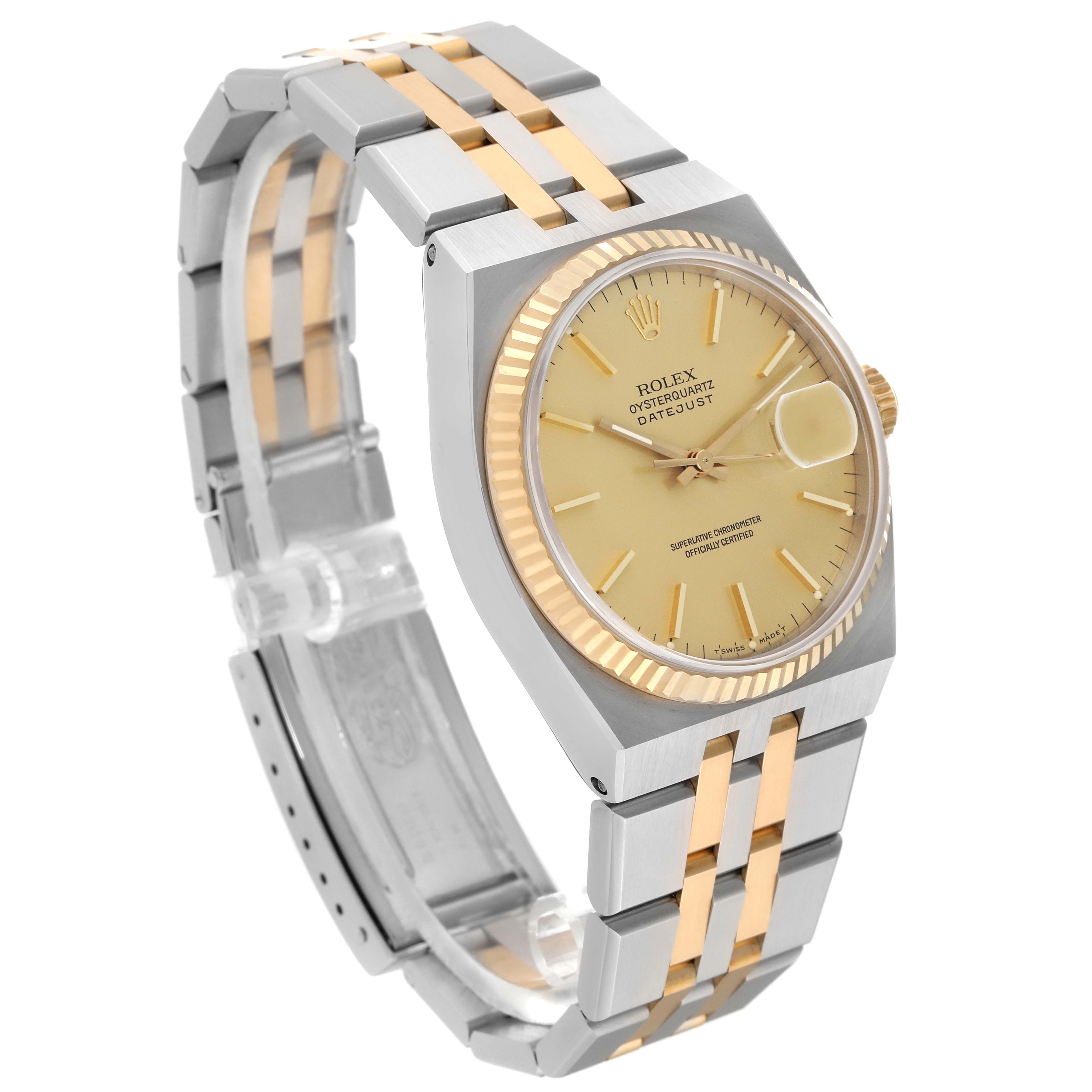 The image shows a side angle of a Rolex Oysterquartz 17013 Men's Steel and Gold (two tone) Champagne Dial 17013 Men's Steel and Gold (two tone) Champagne Dial watch, highlighting the two-tone bracelet, gold bezel, and champagne dial.