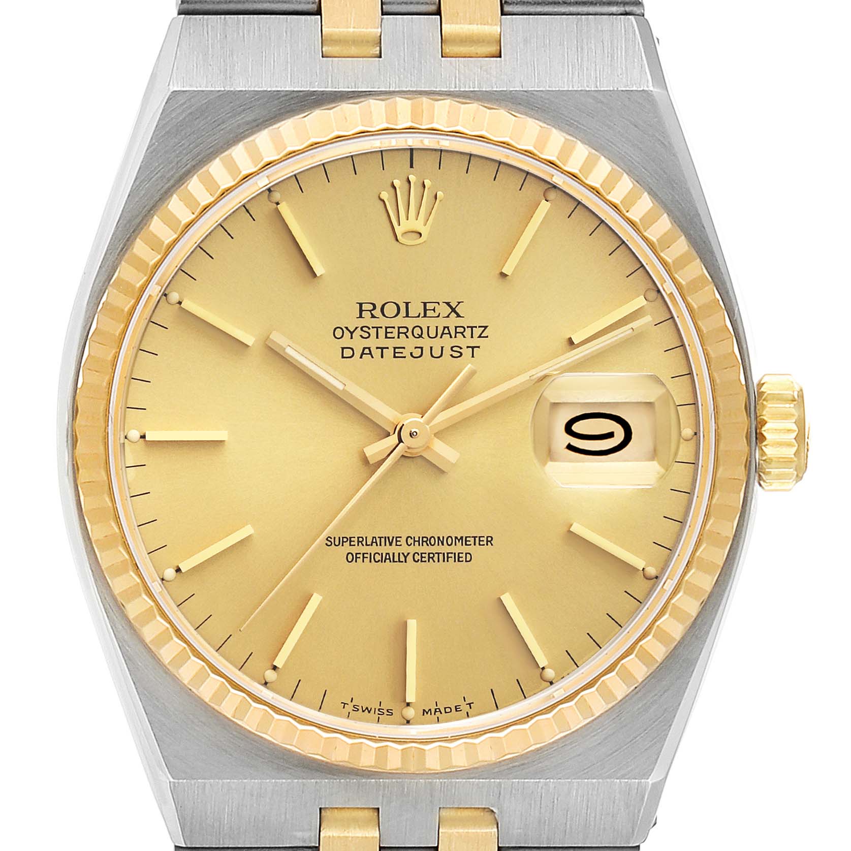 The image shows a front view of the Rolex Oysterquartz 17013 Men's Steel and Gold (two tone) Champagne Dial 17013 Men's Steel and Gold (two tone) Champagne Dial Datejust, highlighting its gold dial, bezel, and date window.