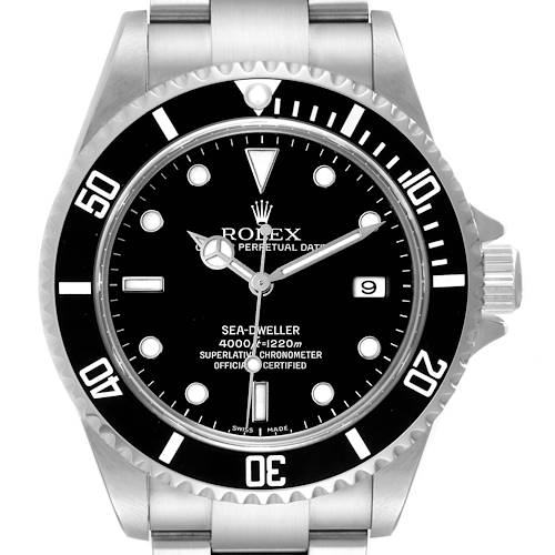 The image shows a front-facing view of a Rolex Sea-Dweller 16600 Men's Stainless Steel Black Dial 16600 Men's Stainless Steel Black Dial watch, displaying the dial, bezel, and part of the bracelet.