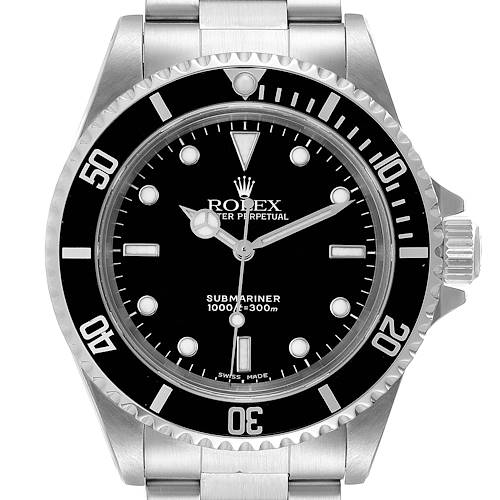 This image shows a front view of the Rolex Submariner 14060 Men's Stainless Steel Black Dial 14060 Men's Stainless Steel Black Dial watch, highlighting its dial, bezel, hands, and part of the bracelet.
