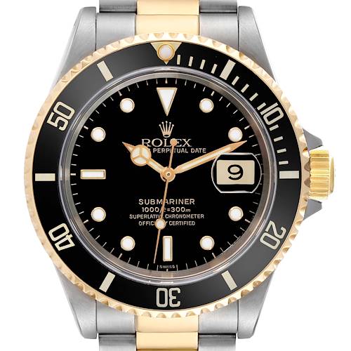 This is a front view of the Rolex Submariner 16613 Men's Steel and Gold (two tone) Black Dial 16613 Men's Steel and Gold (two tone) Black Dial watch showing its bezel, dial, hands, date window, and part of the bracelet.