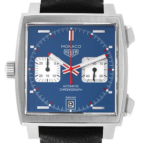 The image shows a front view of the Tag Heuer Monaco CAW211P Men's Stainless Steel Blue Dial CAW211P Men's Stainless Steel Blue Dial watch, displaying its blue dial, chronograph subdials, and date window.