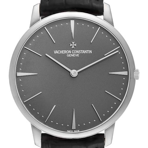 The image shows a front view of the Vacheron Constantin Patrimony 81180/000P-9539 Men's Platinum Grey Dial 81180/000P-9539 Men's Platinum Grey Dial watch, highlighting the watch face, hands, and crown.
