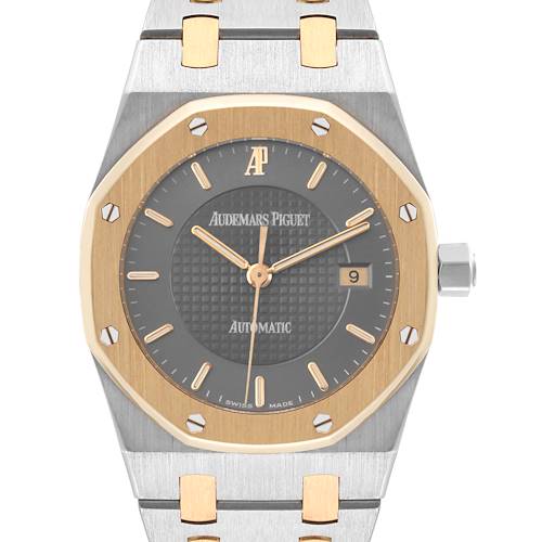This is a front view of the Royal Oak model by Audemars Piguet, showing the dial, bezel, hands, and part of the bracelet.