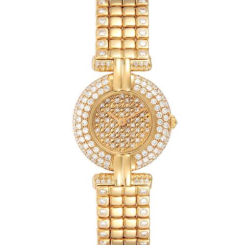 The image shows a frontal view of the Cartier Colisee Women's Yellow Gold Champagne Dial Women's Yellow Gold Champagne Dial model watch, highlighting its gold and diamond-studded dial and band.