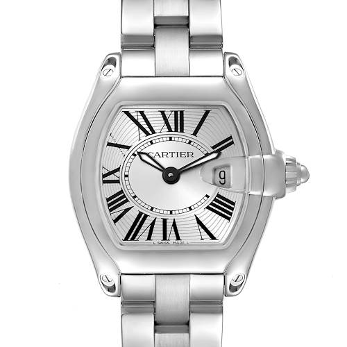The image shows a frontal view of the Cartier Roadster W62016V3 Women's Stainless Steel Silver Dial W62016V3 Women's Stainless Steel Silver Dial watch, highlighting the face with Roman numerals and metal bracelet.