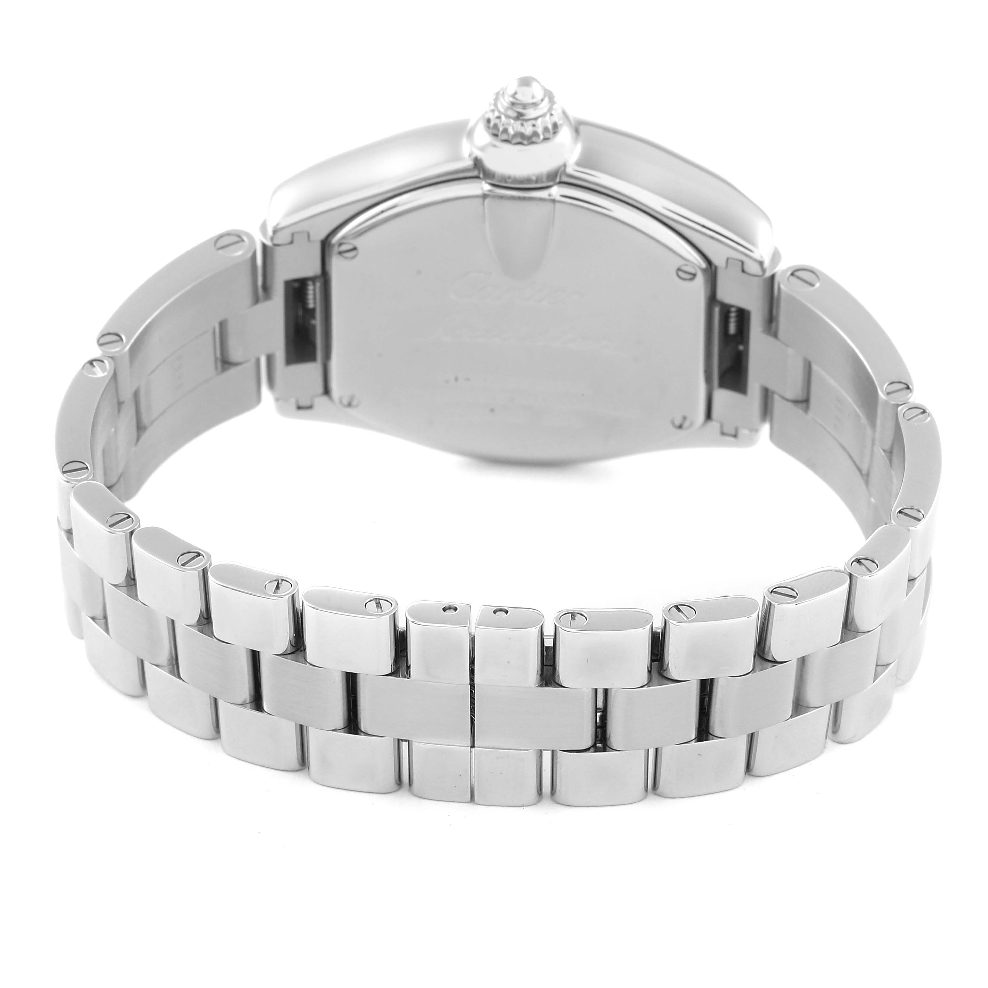 This image shows the back and bracelet of a Cartier Roadster W62016V3 Women's Stainless Steel Silver Dial W62016V3 Women's Stainless Steel Silver Dial watch, focusing on the rear case and metal links.