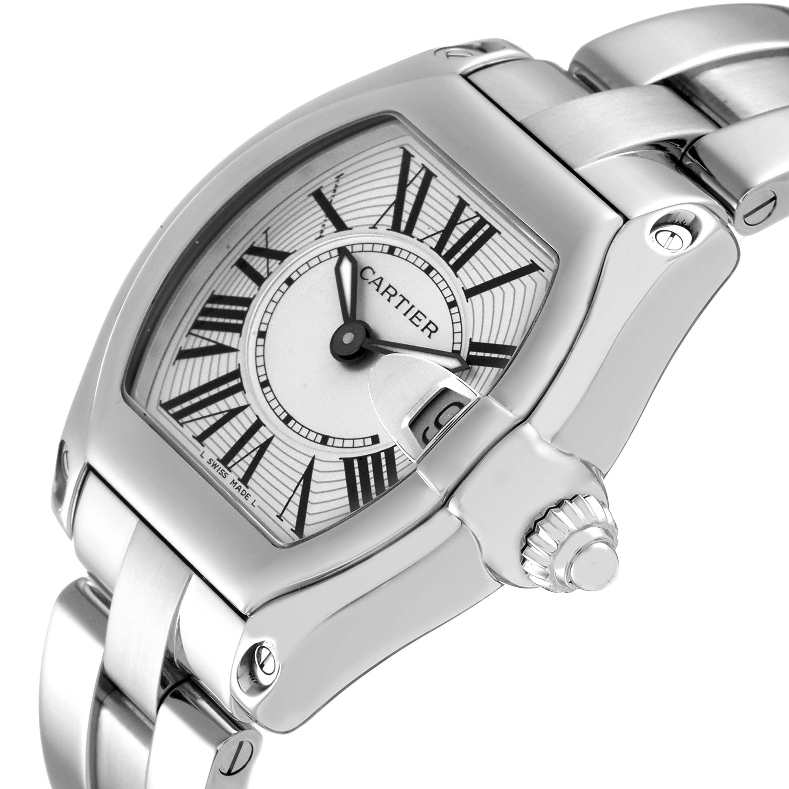This image shows a close-up angle of the Cartier Roadster W62016V3 Women's Stainless Steel Silver Dial W62016V3 Women's Stainless Steel Silver Dial watch, highlighting its face, crown, and part of the bracelet.