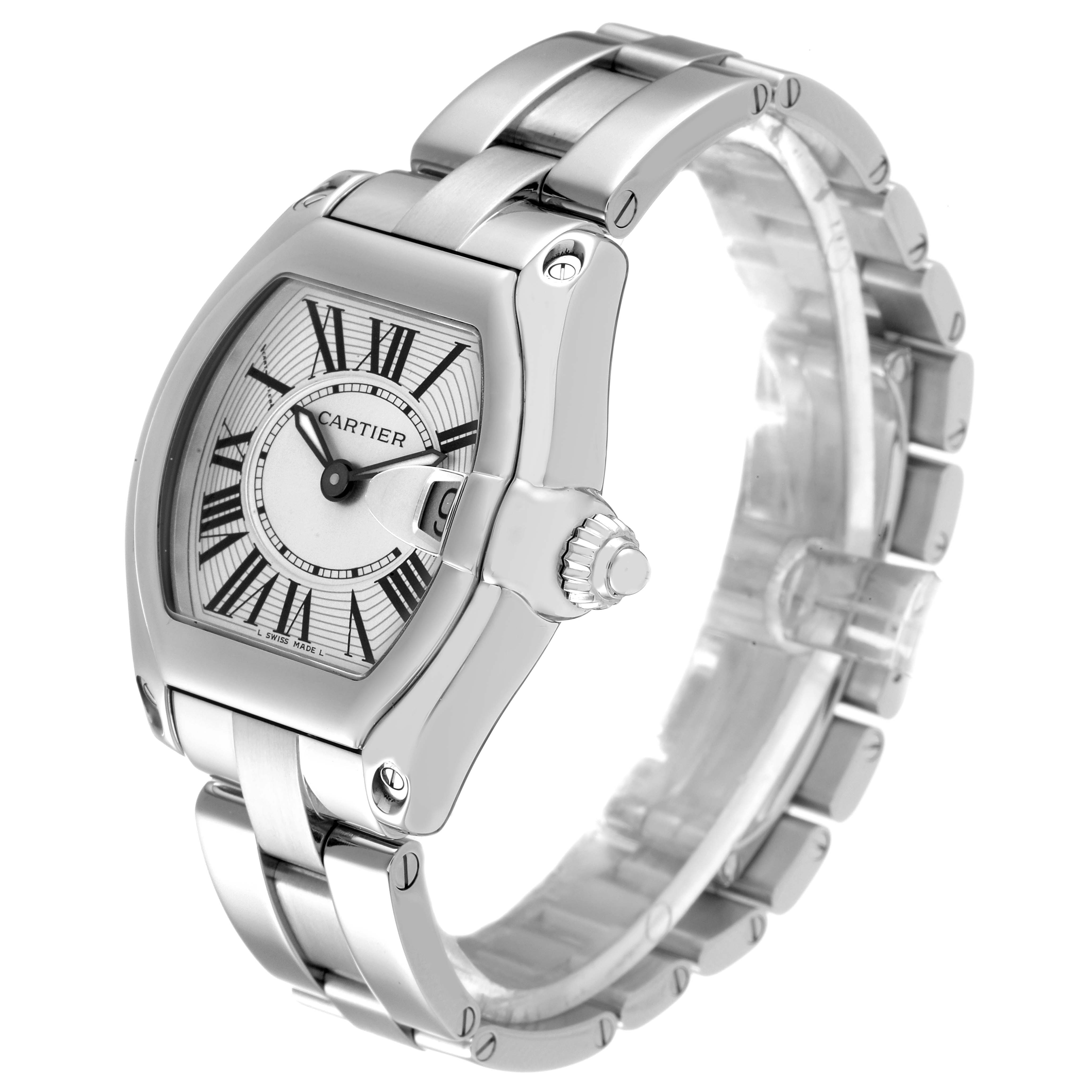 The Cartier Roadster W62016V3 Women's Stainless Steel Silver Dial W62016V3 Women's Stainless Steel Silver Dial watch is shown at a three-quarter angle, displaying the face, crown, and metal bracelet.