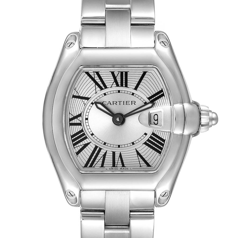 This is a close-up view of the Cartier Roadster W62016V3 Women's Stainless Steel Silver Dial W62016V3 Women's Stainless Steel Silver Dial watch showing the face, crown, and part of the bracelet.