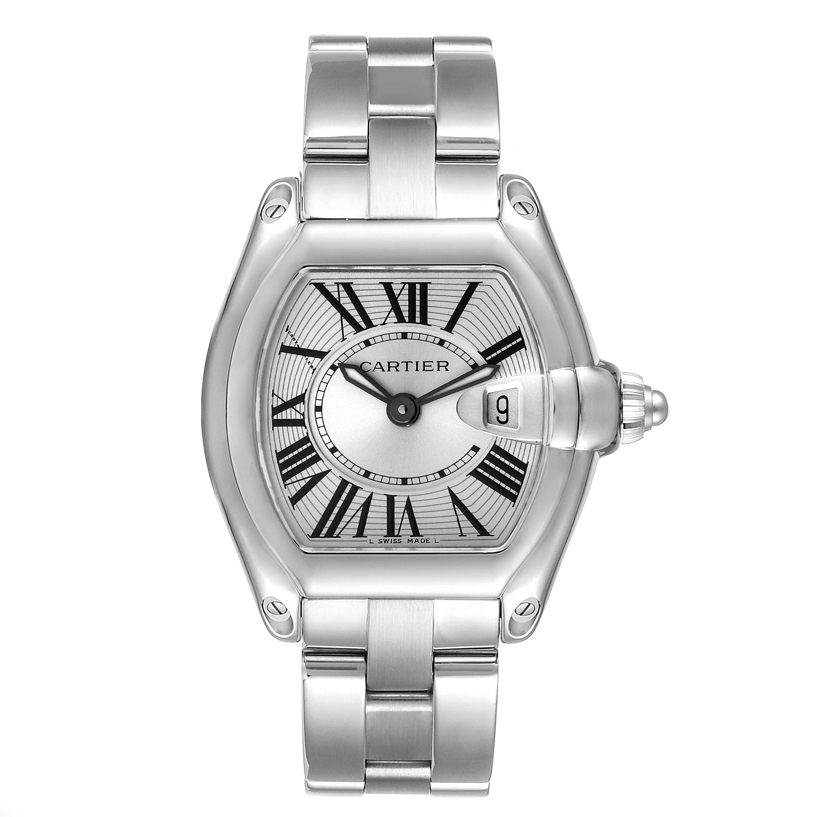 This image shows a top-view angle of the Cartier Roadster W62016V3 Women's Stainless Steel Silver Dial W62016V3 Women's Stainless Steel Silver Dial watch, displaying the dial, case, and bracelet.