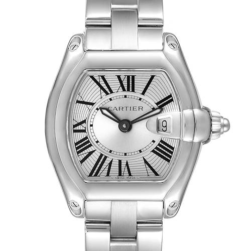 The image shows a Cartier Roadster W62016V3 Women's Stainless Steel Silver Dial W62016V3 Women's Stainless Steel Silver Dial watch face and bracelet from a top-down angle.