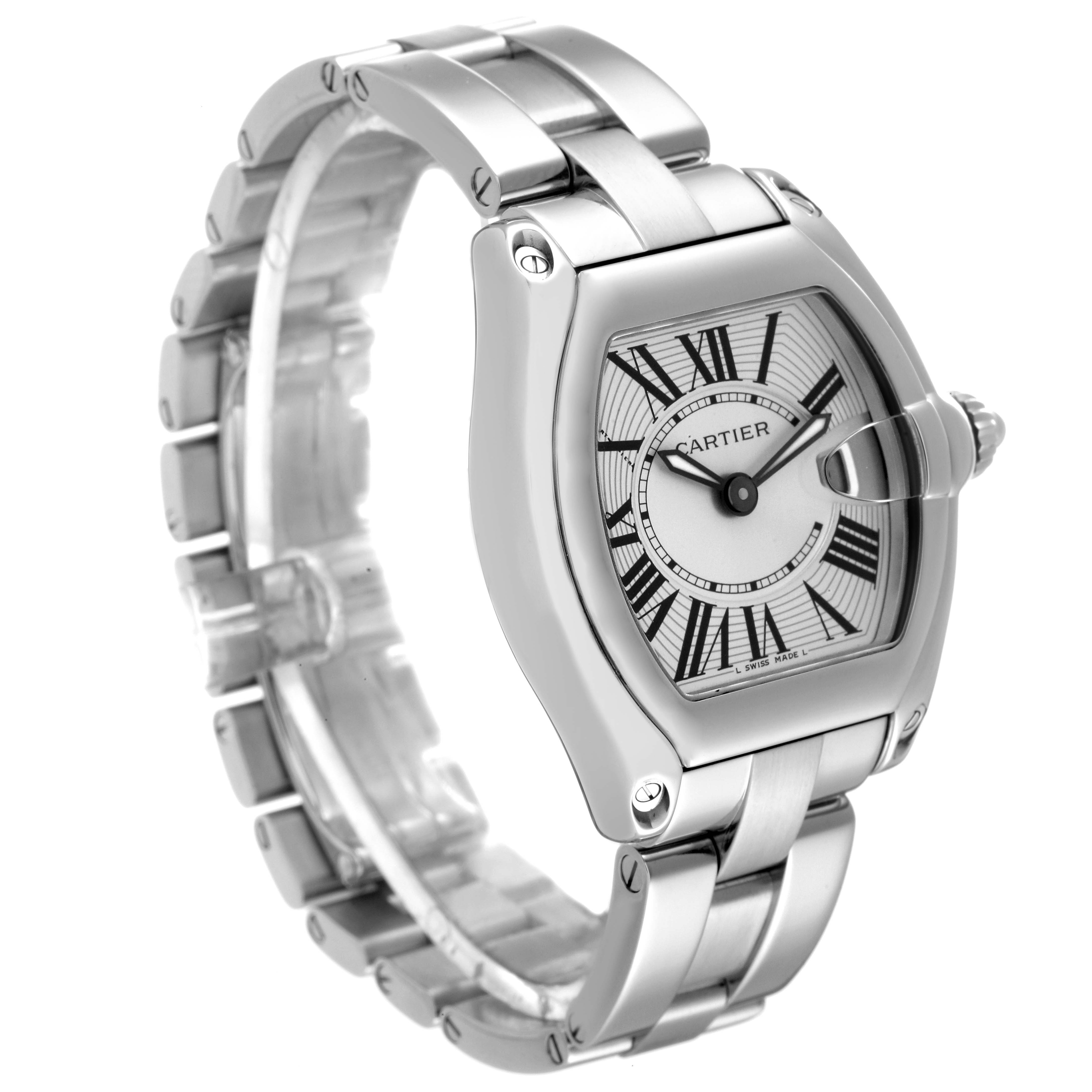 The image shows a three-quarter view of the Cartier Roadster W62016V3 Women's Stainless Steel Silver Dial W62016V3 Women's Stainless Steel Silver Dial watch, highlighting the face, bezel, and metal bracelet.