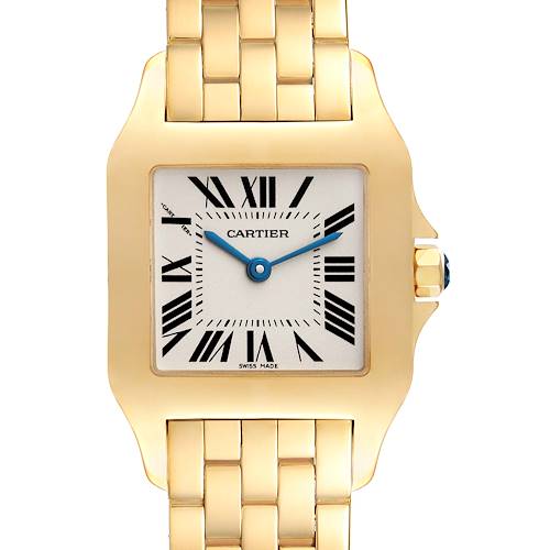 The image shows a front view of the Cartier Santos Demoiselle W25062X9 Women's Yellow Gold Silver Dial W25062X9 Women's Yellow Gold Silver Dial watch, highlighting its face and bracelet.