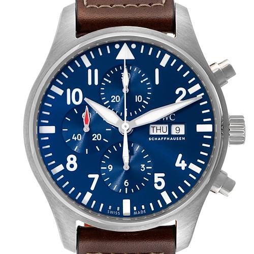 The image shows a front view of an IWC Pilot IW377714 Men's Stainless Steel Blue Dial IW377714 Men's Stainless Steel Blue Dial model watch with a blue dial, brown leather strap, and chronograph functions.