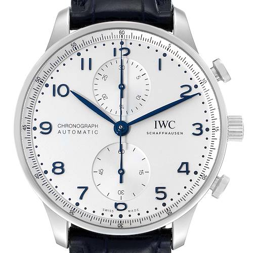 This image shows a front-facing view of the IWC Portuguese IW371605 Men's Stainless Steel Silver Dial IW371605 Men's Stainless Steel Silver Dial Chronograph watch, displaying its dial and hands.