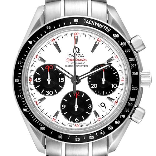 This image shows a front view of an Omega Speedmaster 323.30.40.40.04.001 Men's Stainless Steel White Dial 323.30.40.40.04.001 Men's Stainless Steel White Dial watch, highlighting its dial, tachymeter bezel, and chronograph sub-dials.