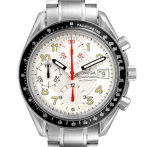 The image shows a front view of the Omega Speedmaster 3513.33.00 Men's Stainless Steel White Dial 3513.33.00 Men's Stainless Steel White Dial watch, featuring its dial, markers, subdials, and stainless steel bracelet.
