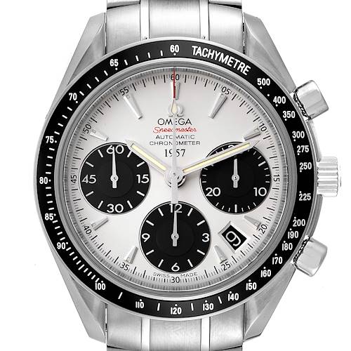 The image shows a frontal view of the Omega Speedmaster 323.30.40.40.02.001 Men's Stainless Steel White Dial 323.30.40.40.02.001 Men's Stainless Steel White Dial watch, displaying its dial, bezel, and chronograph sub-dials.
