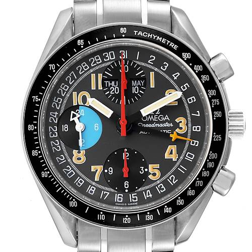 The image shows a front view of an Omega Speedmaster 3520.53.00 Men's Stainless Steel Grey Dial 3520.53.00 Men's Stainless Steel Grey Dial watch, highlighting its dial, subdials, tachymeter bezel, and stainless steel bracelet.